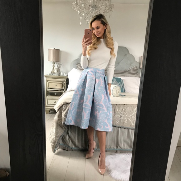 Spring Light Blue and Pink Flare Pleated Skirt - Picture 2 of 8